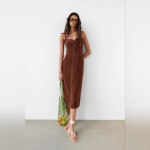 ZARA Contrast Topstitched Brown Tubedress, S
